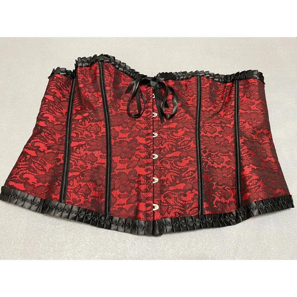Red Black Floral Lace Boned Corset Top Gothic Steampunk Lace Up Back XL-2XL - Picture 11 of 12